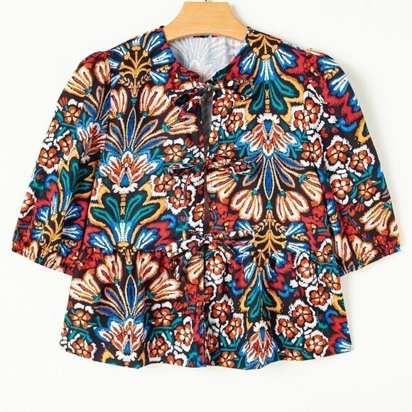 Blue and Red Peplum Blouse with Puff Sleeves Floral w Front Tie - Picture 5 of 12
